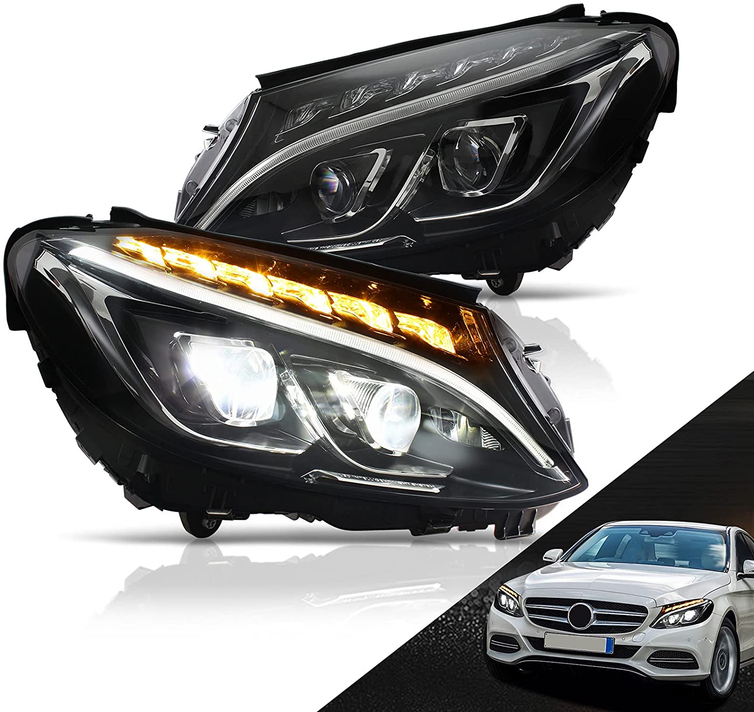 A&K Headlights for Mercedes Benz W205 C300 C-Class 2015 2016 2017 2018,  Front Headlamp Assembly with Full LED DRL, Driver and Passenger Sides –  JOLUNG