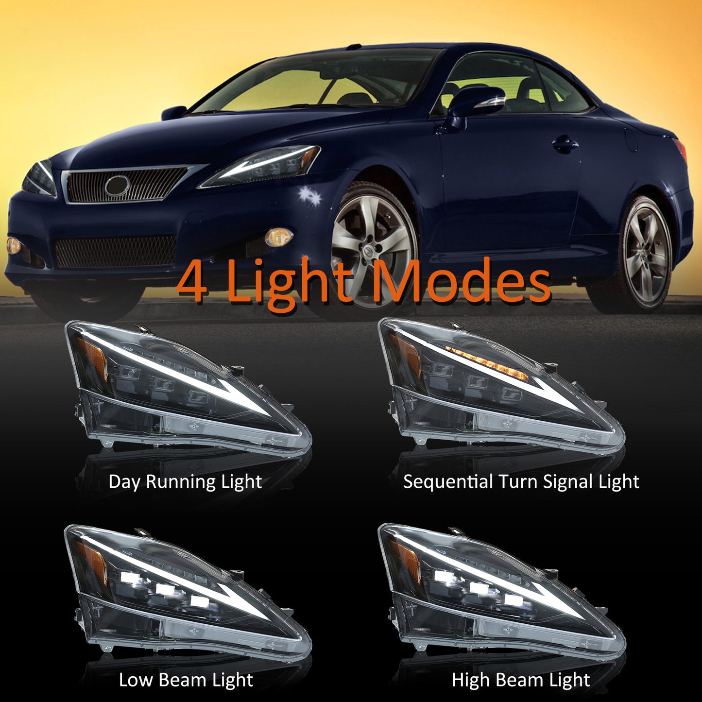 JOLUNG Full LED Headlights Assembly For LEXUS IS250/ IS250C/ IS300/ IS350/ ISF 2006-2012 (Amber)