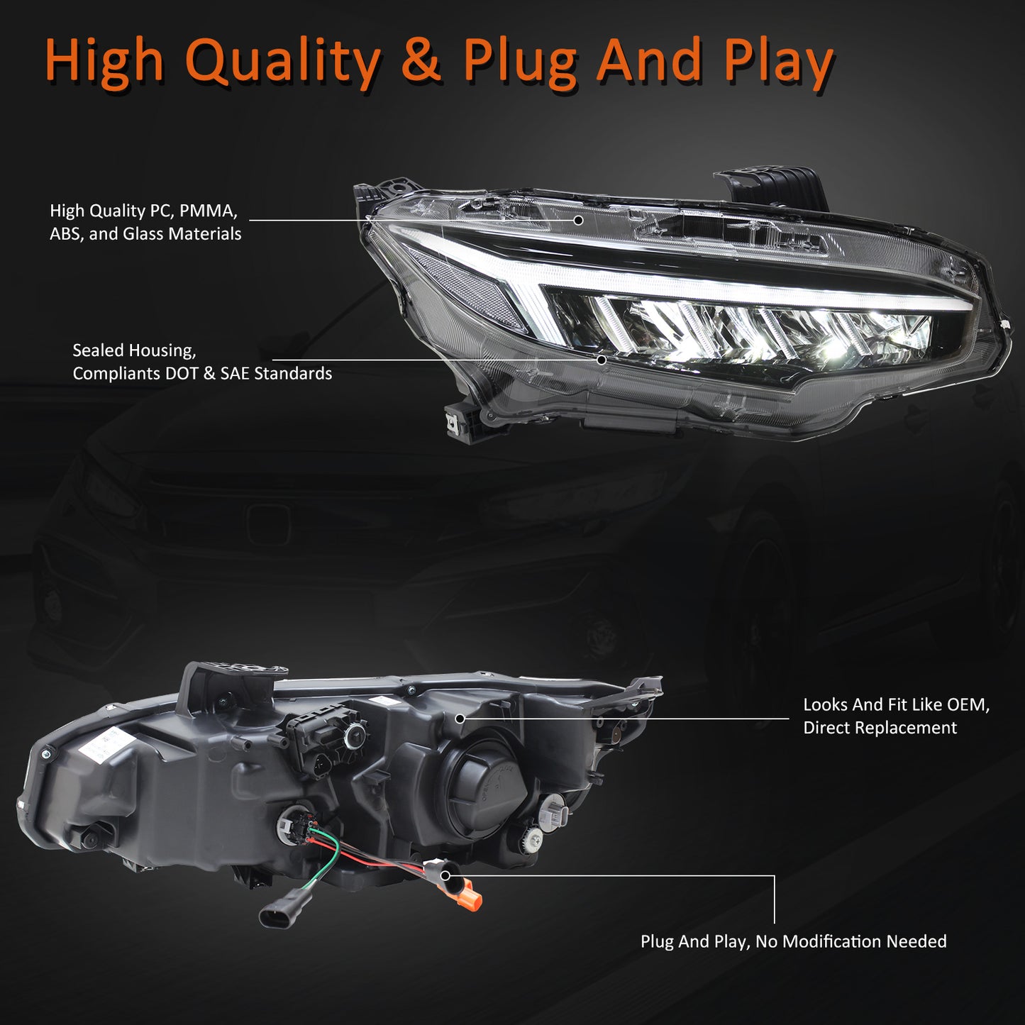 JOLUNG Full LED Headlights Assembly For 10th Gen Honda Civic EX/ LX/ Sport/ Touring/ Si/ Type R 2016-2021