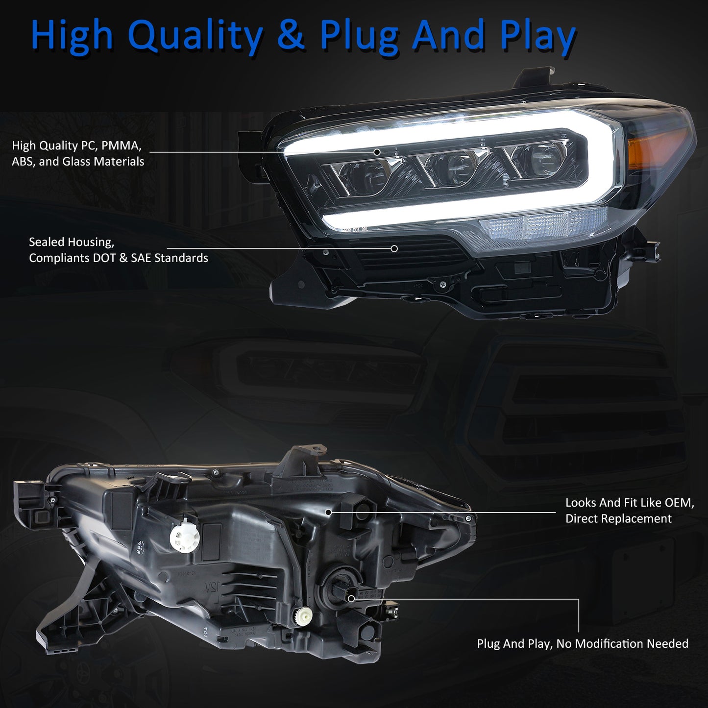 JOLUNG Full LED Headlights Assembly For Toyota Tacoma 2016-2019