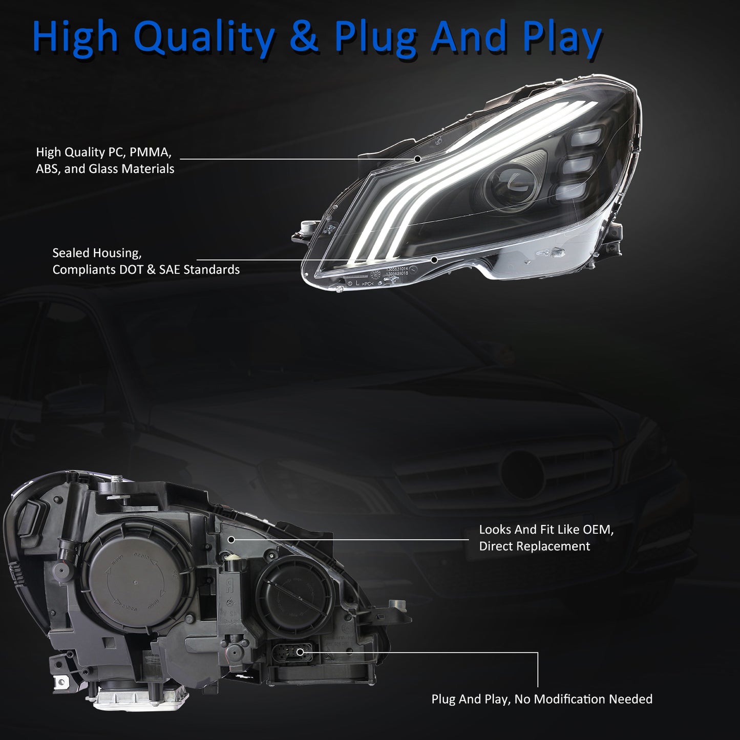JOLUNG Full LED Headlights Assembly For Mercedes Benz W204 C180 C200 C-Class 2011-2014